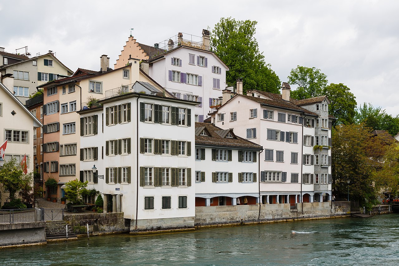 Historic Schipfe houses on the Limmat riverside, Zurich